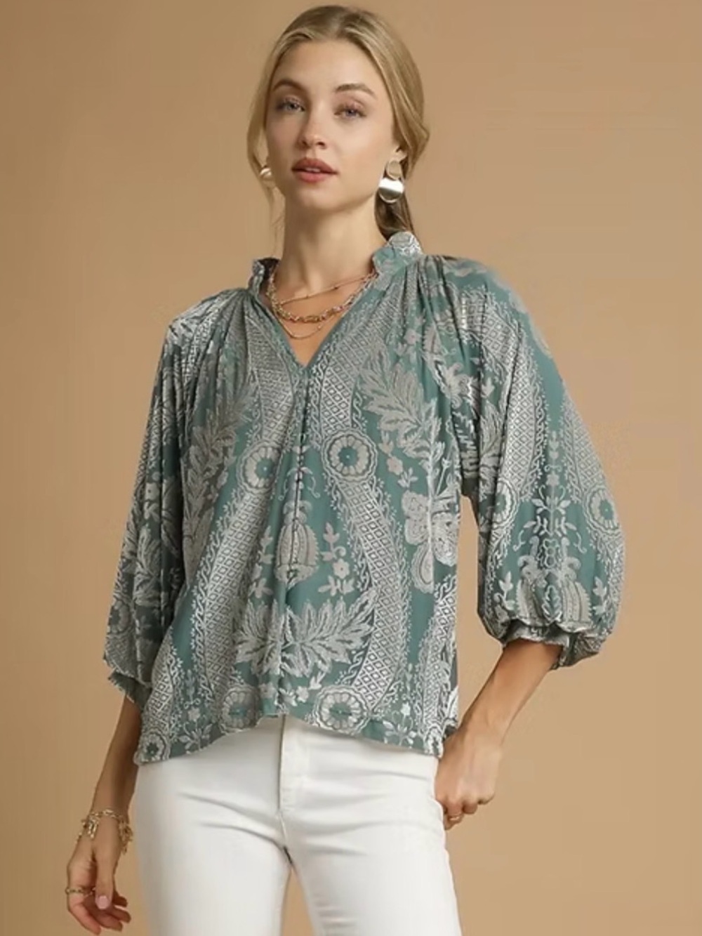 Umgee Teal and Ivory Printed Peasant Tunic